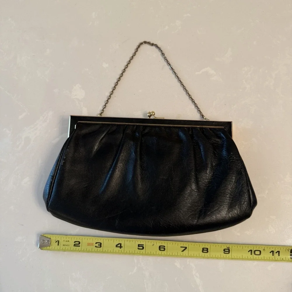 Etra Vintage Clutch Purse Chain Strap 1960s Black Leather